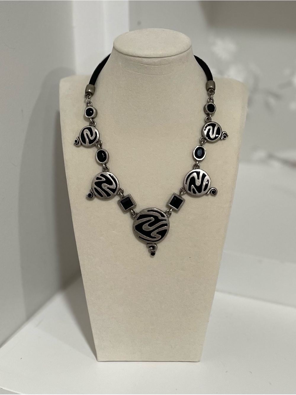 Chicos Black Silver Statement Necklace Boho Festival Artisan Tribal Modernist